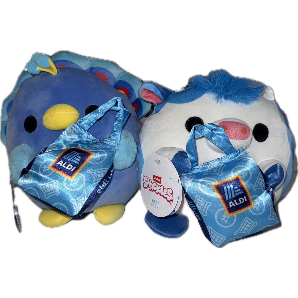 Zuru Snackles 8" Plush Bundle Stella Blue Cow & Levi Peacock Aldi Exclusive NWT